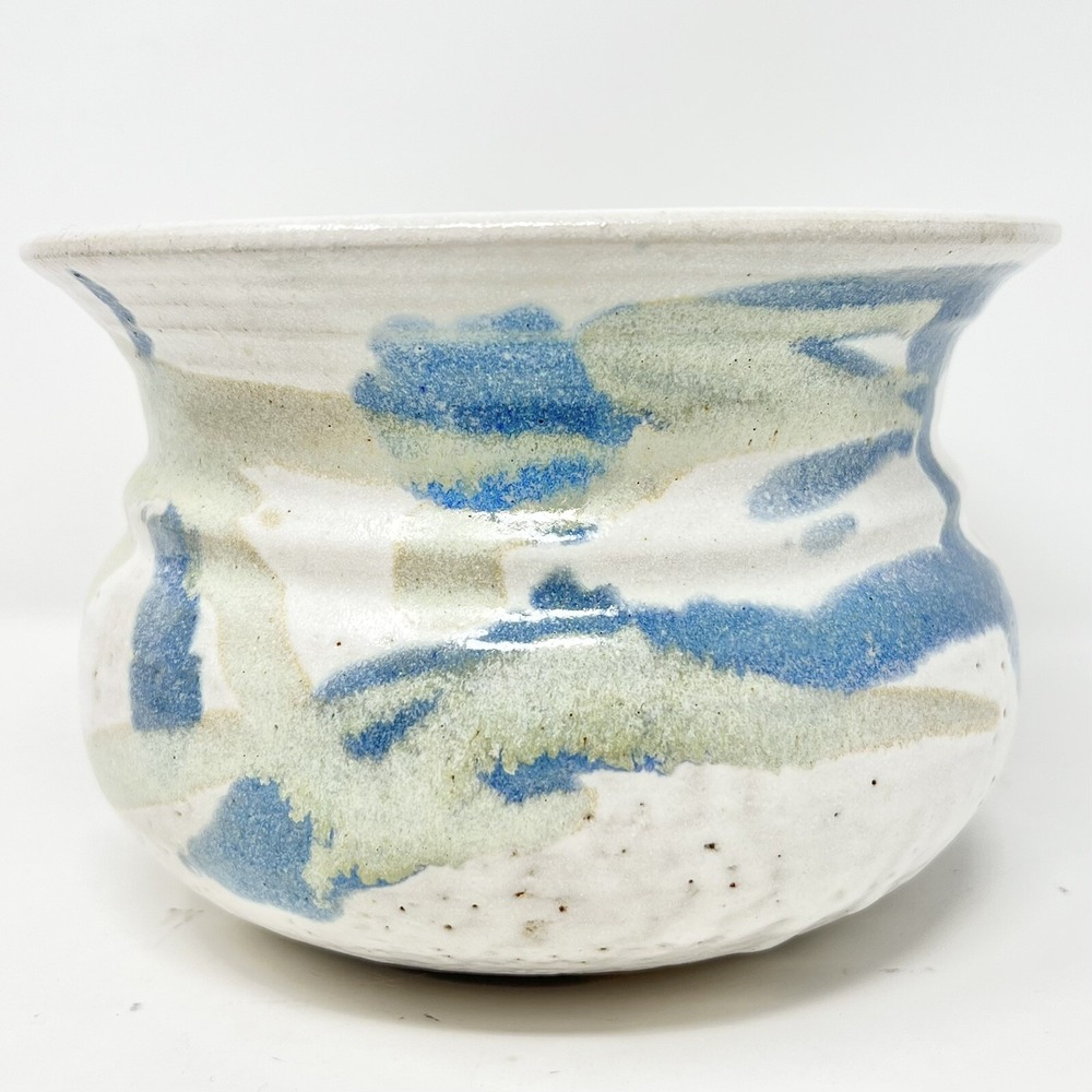 Vintage Pottery Hand Made Planter Vase Cream Blue Green Signed‎ 5x7 Boho Rustic